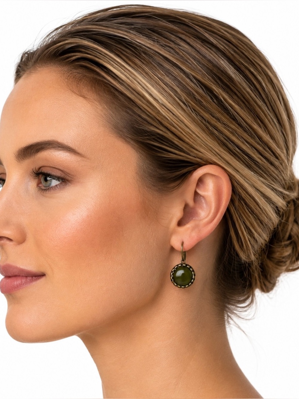 Olive Green Round Drop Earrings - with bronze setting